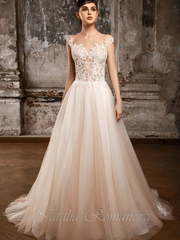 Свадебное платье Эстель. Силуэт Пышное, А-силуэт. Цвет Айвори / Капучино, Персик / Оранжевый. Вид 1