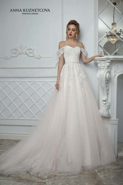 Свадебное платье Джина. Силуэт А-силуэт. Цвет Айвори / Капучино, Белый / Молочный, оттенки Розового. Вид 3