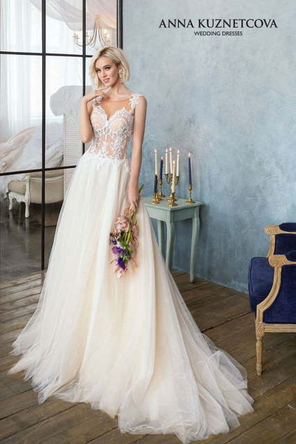 Свадебное платье Марис. Силуэт А-силуэт. Цвет Айвори / Капучино, Персик / Оранжевый. Вид 4