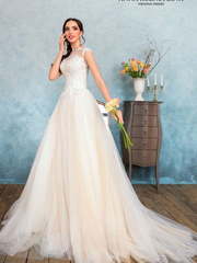 Свадебное платье Леронтайн. Силуэт А-силуэт. Цвет Айвори / Капучино, Персик / Оранжевый. Вид 1