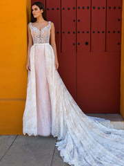 Свадебное платье Eliza. Силуэт А-силуэт, Прямое. Цвет Айвори / Капучино, Персик / Оранжевый, оттенки Розового. Вид 1