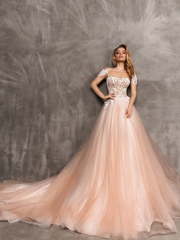 Свадебное платье Karly. Силуэт А-силуэт. Цвет Айвори / Капучино, Персик / Оранжевый, оттенки Розового. Вид 1