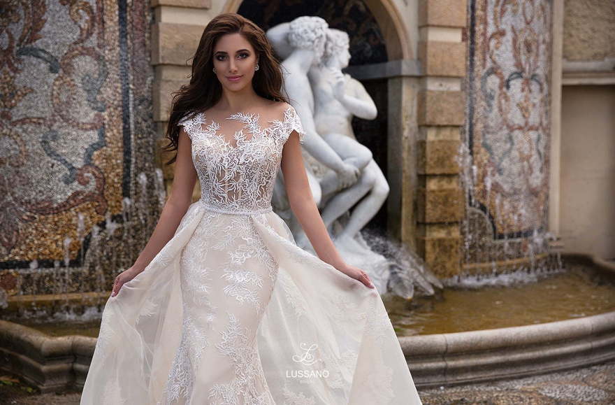 Свадебное платье Drew. Силуэт Рыбка, А-силуэт, Прямое. Цвет Айвори / Капучино, Персик / Оранжевый. Вид 3