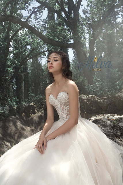 Свадебное платье Диора. Силуэт А-силуэт. Цвет Айвори / Капучино, Персик / Оранжевый, оттенки Розового. Вид 3