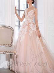 Свадебное платье Беатрис. Силуэт А-силуэт. Цвет Персик / Оранжевый, оттенки Розового. Вид 1