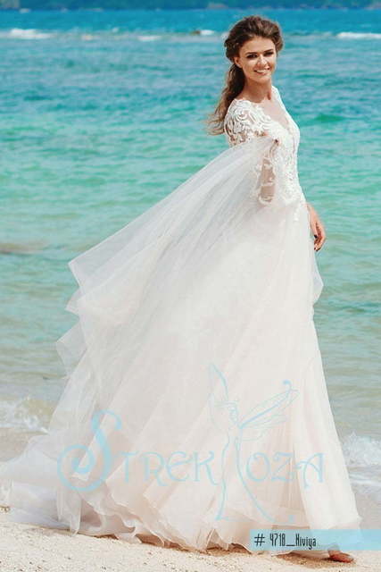 Свадебное платье Нивия. Силуэт А-силуэт. Цвет Айвори / Капучино, Персик / Оранжевый, оттенки Розового. Вид 3