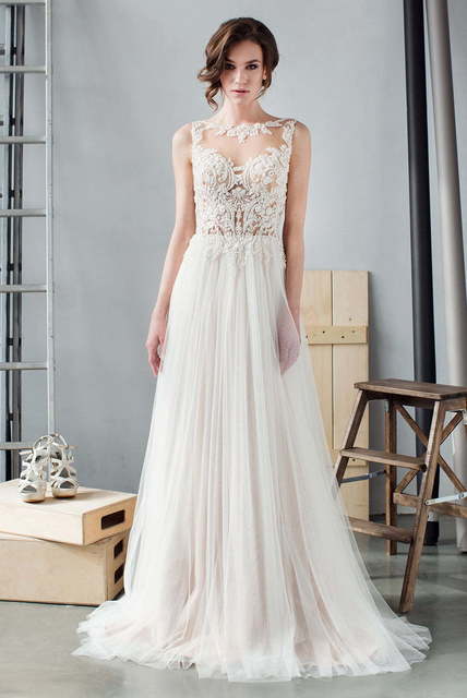 Свадебное платье 929. Силуэт А-силуэт, Прямое. Цвет Айвори / Капучино, Персик / Оранжевый, оттенки Розового. Вид 3