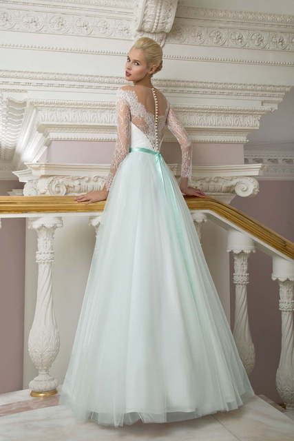 Свадебное платье 1218. Силуэт А-силуэт. Цвет Белый / Молочный, оттенки Зеленого. Вид 2