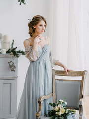 Свадебное платье Opal. Силуэт А-силуэт. Цвет Пепельный / Металлик, Голубой / Синий. Вид 1