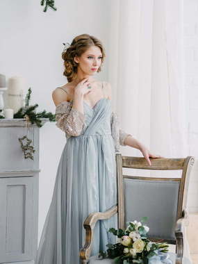 Свадебное платье Opal. Силуэт А-силуэт. Цвет Пепельный / Металлик, Голубой / Синий. Вид 1