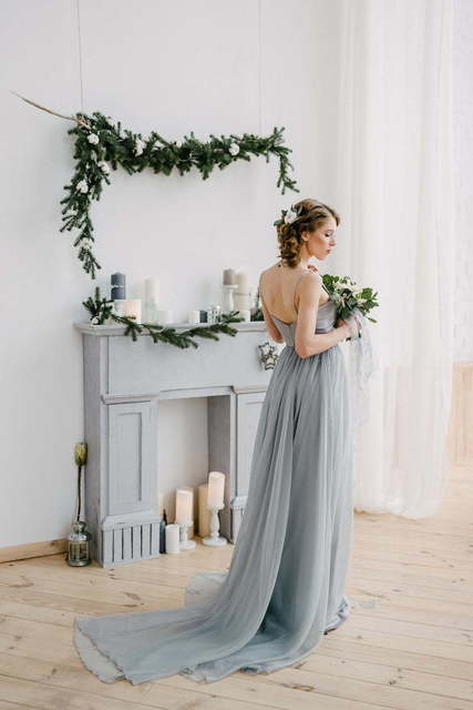 Свадебное платье Opal. Силуэт А-силуэт. Цвет Голубой / Синий, Пепельный / Металлик. Вид 2