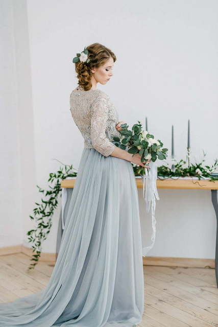 Свадебное платье Opal. Силуэт А-силуэт. Цвет Голубой / Синий, Пепельный / Металлик. Вид 7