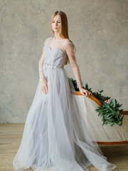 Свадебное платье Lazurit. Силуэт А-силуэт. Цвет Белый / Молочный, Пепельный / Металлик, оттенки Розового, Голубой / Синий. Вид 1