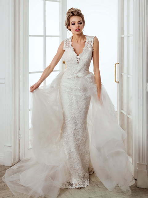 Свадебное платье Rizza. Силуэт Рыбка, А-силуэт, Прямое. Цвет Белый / Молочный, оттенки Розового. Вид 2