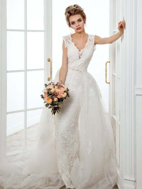 Свадебное платье Rizza. Силуэт Рыбка, А-силуэт, Прямое. Цвет Белый / Молочный, оттенки Розового. Вид 4