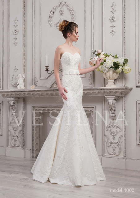 Свадебное платье 4002. Силуэт Рыбка, А-силуэт, Прямое. Цвет Айвори / Капучино, Белый / Молочный. Вид 3