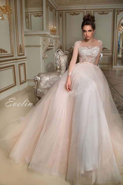 Свадебное платье Evelin. Силуэт А-силуэт. Цвет Айвори / Капучино, Белый / Молочный, Персик / Оранжевый, оттенки Розового. Вид 3