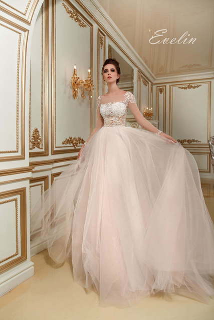 Свадебное платье Evelin. Силуэт А-силуэт. Цвет Айвори / Капучино, Белый / Молочный, Персик / Оранжевый, оттенки Розового. Вид 4