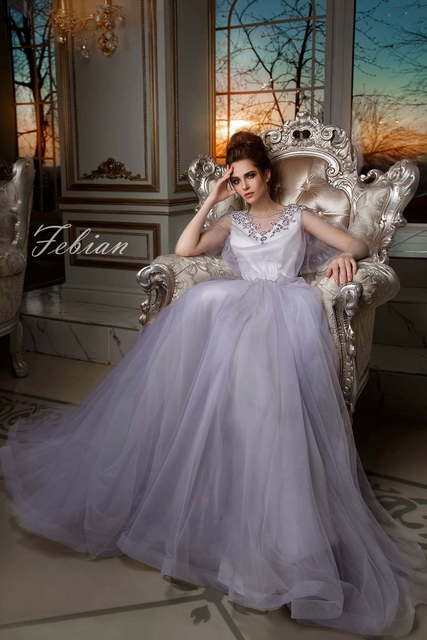 Свадебное платье Febian. Силуэт А-силуэт. Цвет Белый / Молочный, Лавандовый / Фиолетовый, оттенки Розового. Вид 3