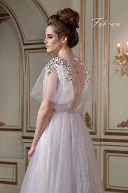 Свадебное платье Febian. Силуэт А-силуэт. Цвет Белый / Молочный, Лавандовый / Фиолетовый, оттенки Розового. Вид 4