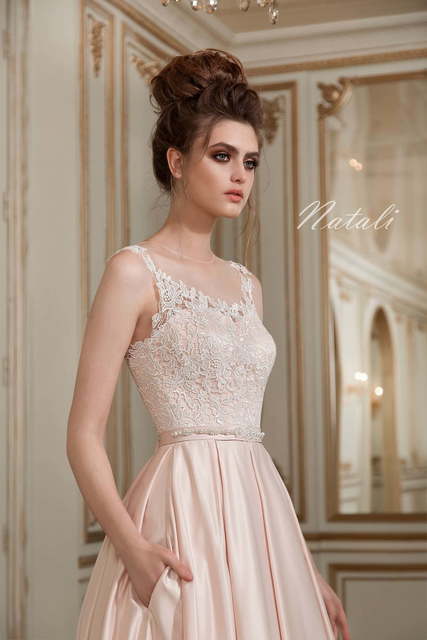 Свадебное платье Natali. Силуэт А-силуэт. Цвет Айвори / Капучино, Персик / Оранжевый, оттенки Розового. Вид 3