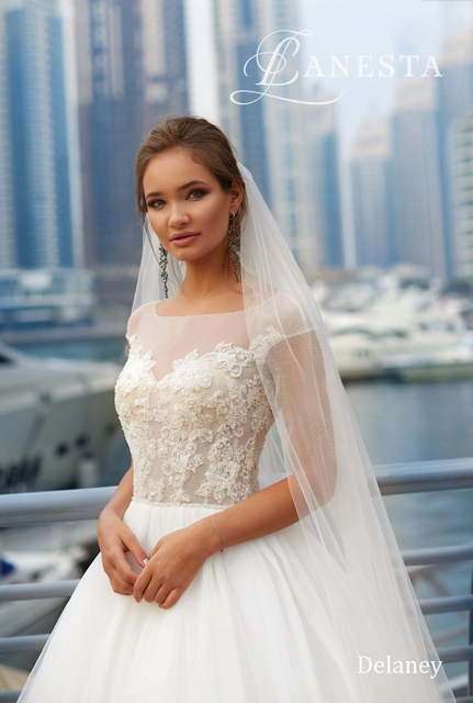 Свадебное платье Delaney. Силуэт Пышное, А-силуэт. Цвет Айвори / Капучино, Белый / Молочный. Вид 3
