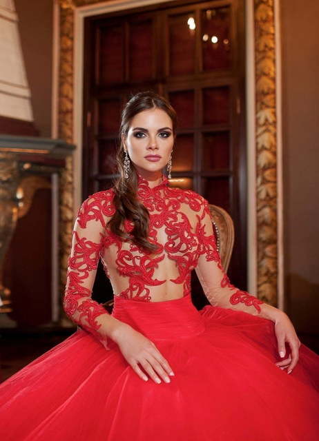 Свадебное платье Santorini. Силуэт Пышное, А-силуэт. Цвет Красный / Марсала. Вид 3