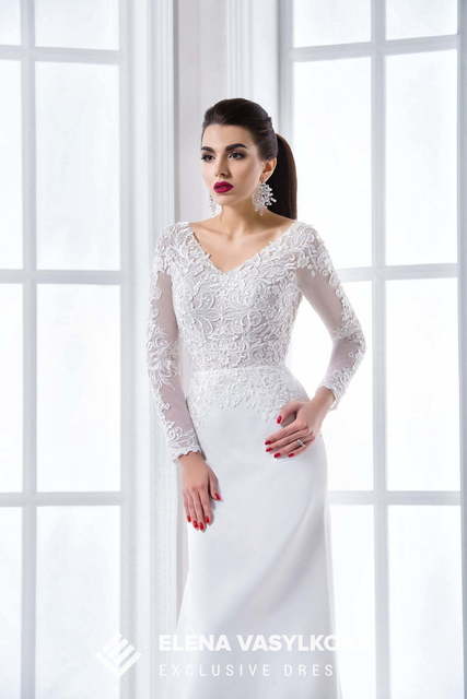 Свадебное платье 129. Силуэт Рыбка, Прямое. Цвет Белый / Молочный. Вид 3