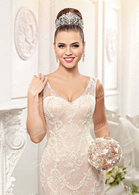 Свадебное платье EV016. Силуэт Рыбка. Цвет Айвори / Капучино, Персик / Оранжевый. Вид 3