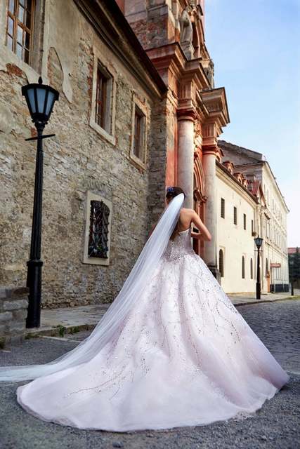 Свадебное платье Сакина. Силуэт Пышное. Цвет Белый / Молочный, Пепельный / Металлик, оттенки Розового. Вид 2