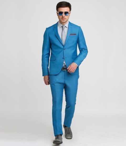 Однобортный, Двойка Свадебный костюм синий без рисунка от Салон мужских костюмов Patrik Man 3