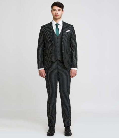 Однобортный, Тройка Свадебный костюм-тройка черный в полоску от Салон мужских костюмов Patrik Man 2