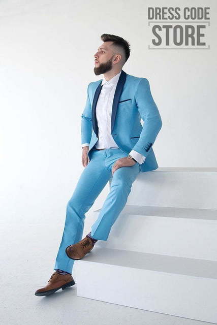 Однобортный, Двойка, Смокинг Голубой свадебный смокинг Danni от Прокат мужских костюмов Dress Code Rent 3