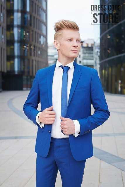 Однобортный, Двойка Свадебный костюм cиняя клетка Pellegrino от Прокат мужских костюмов Dress Code Rent 2