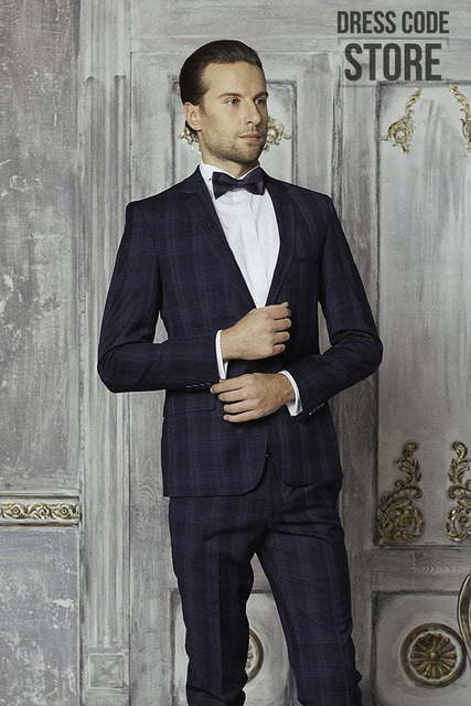 Однобортный, Двойка Свадебный костюм синяя клетка Scotland от Салон мужских костюмов Dress Сode Store 3