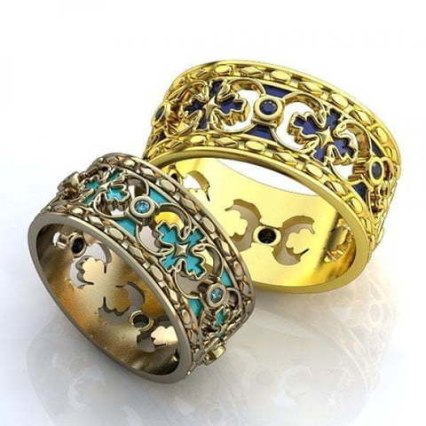Узорчатые обручальные кольца с яркой эмалью AOG-obr-822 из Желтое золото от Ювелирный салон Art of glow 1