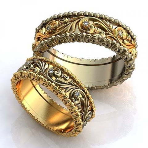 Золотые обручальные кольца с узором и камнями AOG-obr-637 из Желтое золото, Комбинированные от Ювелирный салон Art of glow 1