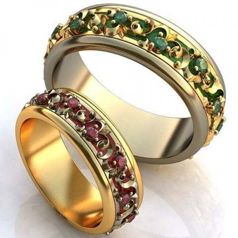 Яркие золотые обручальные кольца с эмалью и камнями AOG-obr-349 из Желтое золото от Ювелирный салон Art of glow 1